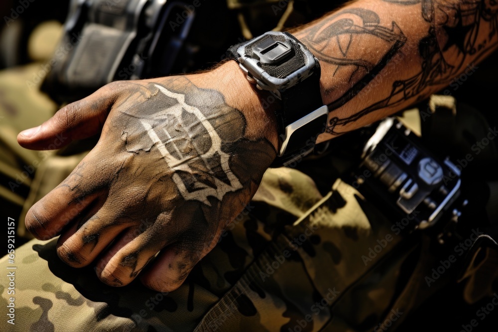 Closeup of an Israel soldiers hand, adorned with a tattoo of the countrys flag and holding a grenade.