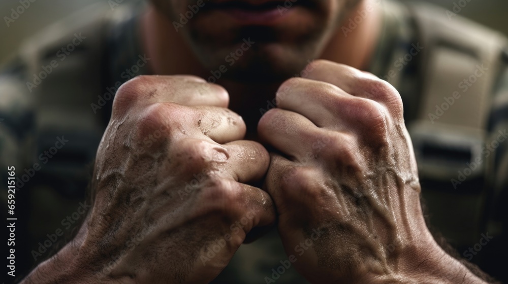 Fototapeta premium Closeup of a soldiers hands, calloused and tough from training and combat, highlighting the physical demands and challenges of military life.