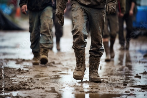 Grimy and worn out boots, caked with mud and , captured in an emotional closeup as they march through the orn streets.