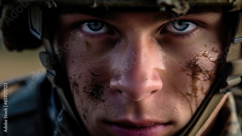 Intense focus shown in the eyes of a young soldier as he aims his weapon.