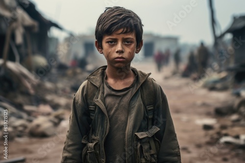 The empty gaze of a child soldier, hardened beyond their years by the atrocities of war. photo