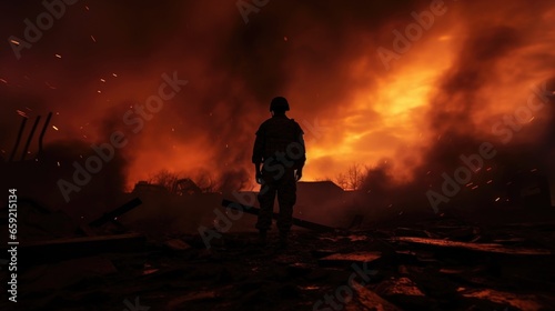 The silhouette of a soldier against a fiery red sky, a scene of devastation in the backdrop. © Justlight