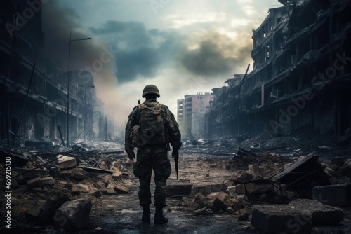A lone soldier walking through a desolate city, rubble and destruction surrounding him.