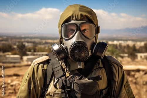 An Israel soldier standing confidently as he puts on his gas mask, ready for any potential chemical threat.