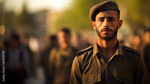 Solemn expression on the face of an Israel soldier as he pays respects at a memorial for fallen comrades. © Justlight