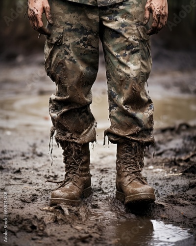 Closeup of a soldiers muddy boots and camouflage pants, showcasing the harsh conditions of warfare.