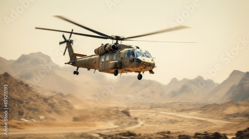 Closeup of a military helicopter flying low over a vast desert, ready to provide support to ground troops.