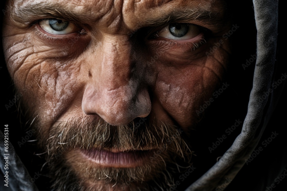 Obraz premium Closeup of a mans tired face, lines etched deep from the trauma of fleeing his homeland as a refugee.