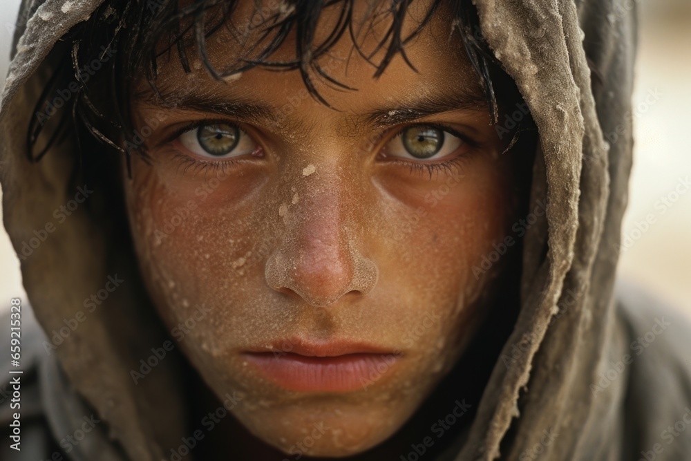 Closeup of a young boys face, covered in dust and sweat, the fatigue of his journey as a refugee evident.