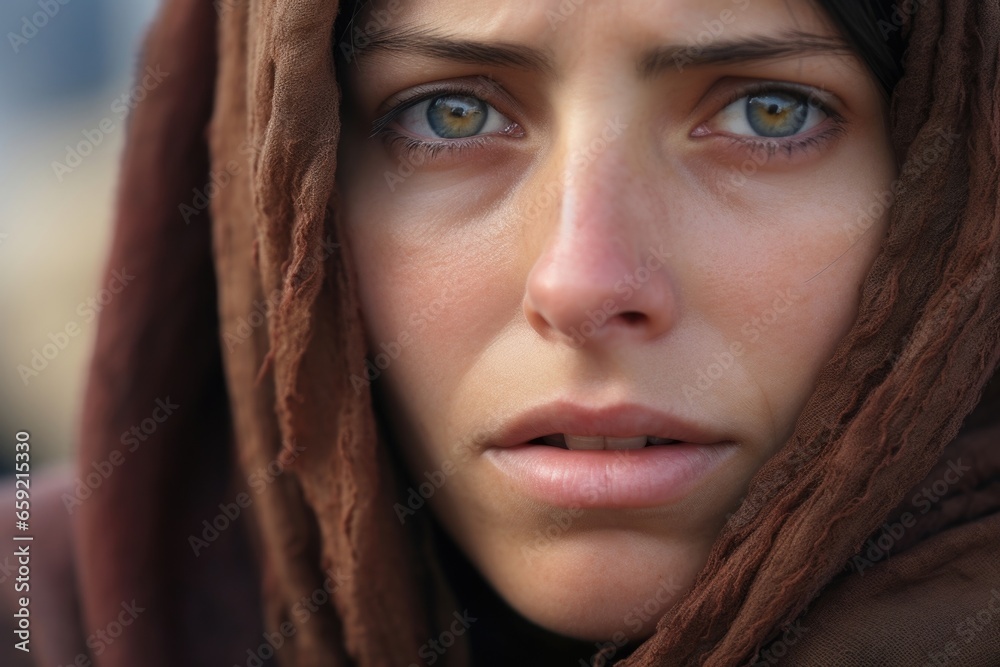The pained expression on a refugees face, captured in a closeup as they recount their traumatic experiences. The pained expression on a refugees face, captured in a closeup as they recount their traumatic experiences.