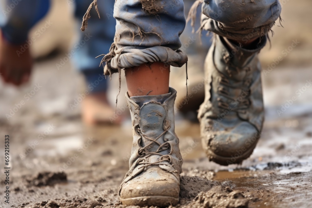 Closeup of a young refugee girls feet, and dirty from walking miles on end in search of safety.