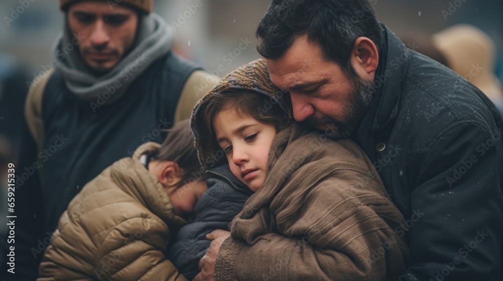 A closeup of a family of refugees, their faces marked with trauma and hardship, holding each other tightly for comfort.