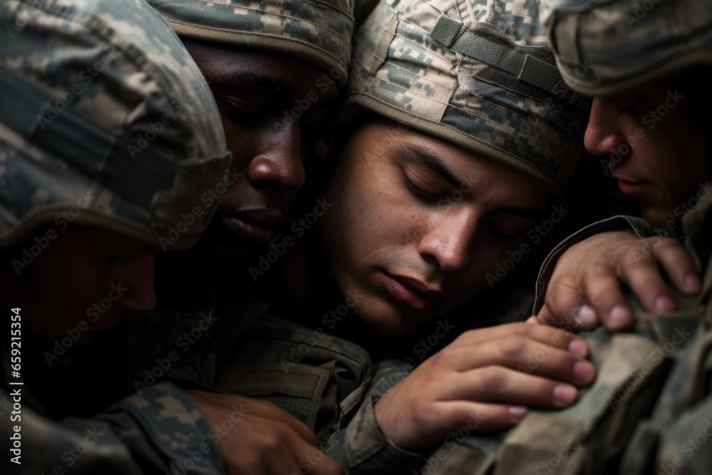 Fototapeta premium Closeup of a group of soldiers huddled together, seeking comfort and solidarity in the midst of the chaos and violence surrounding them.