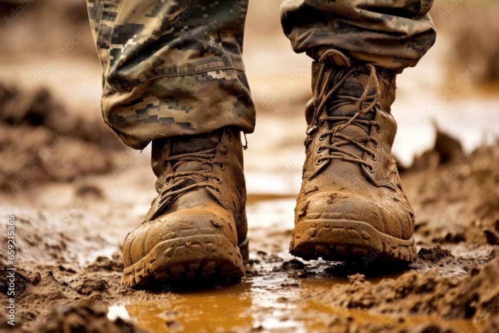 Closeup of a soldiers boots, caked in mud and , a small but powerful detail of the harsh reality of combat.