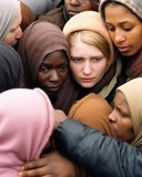 Closeup of a group of refugees huddled together, finding solace and support in their shared experiences.