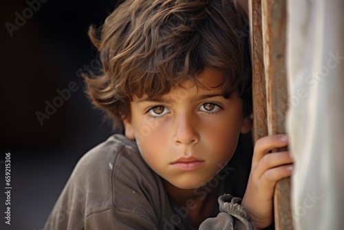 Emotional closeup of a refugee boy, lost in thought and longing for his home and family.