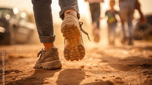 Closeup of a womans worn shoes, carrying her and her family to safety as they flee their orn country.