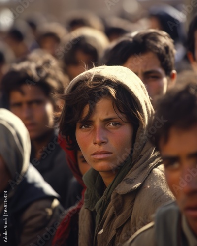 Closeup of a line of exhausted refugees, waiting in line for food and supplies in a crowded camp. © Justlight