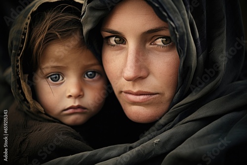 The closeup of a mother and child, both with tears in their eyes as they take shelter in a crowded refugee camp.