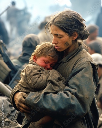 Closeup of a mother cradling her ed child, tears streaming down her face, amidst the chaos and destruction of war.