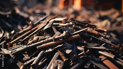 Closeup of a pile of discarded weapons, a representation of the endless cycle of destruction and violence perpetuated by war. photo