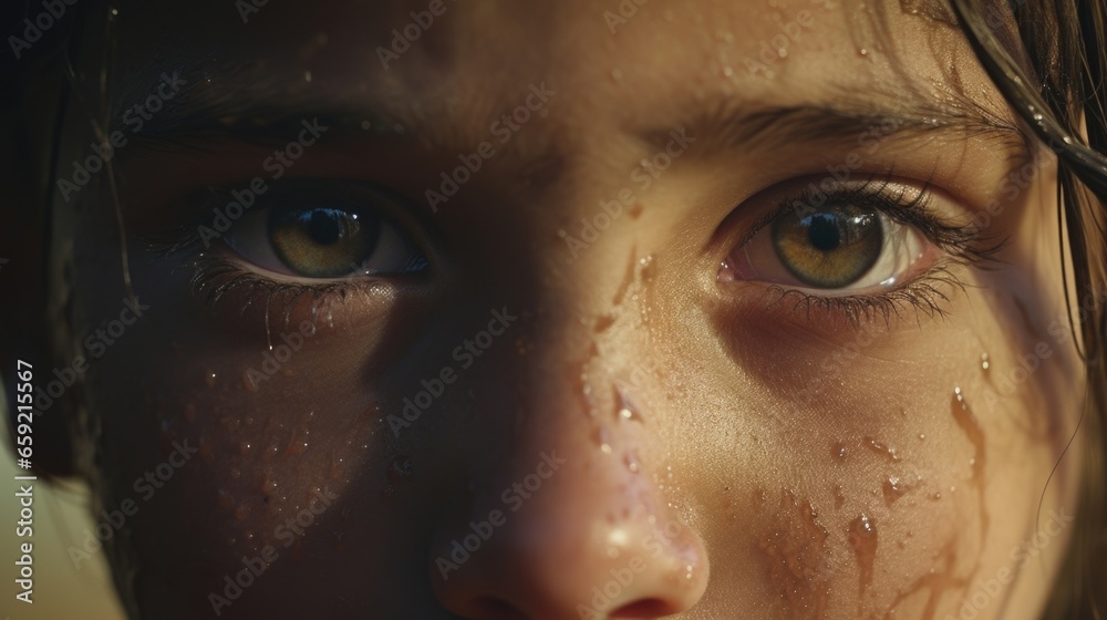 A closeup of a refugee childs tearstained face, still innocent despite the harsh reality they live in. A closeup of a refugee childs tearstained face, still innocent despite the harsh reality they live in.