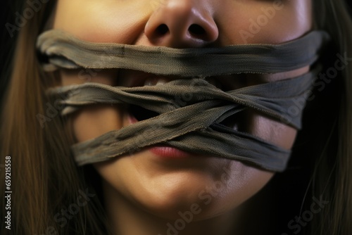 Desperate closeup of a hostages tied tongue, silenced and unable to seek help.