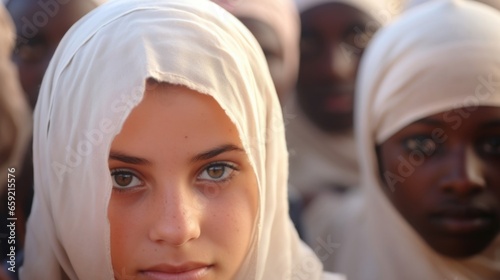 Closeup of a group of teenagers, their faces filled with determination and courage as they strive to continue their education in a refugee camp school. photo