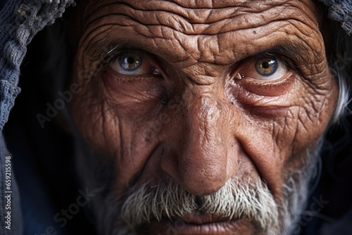 Closeup of an elderly refugee, wrinkles and scars on their face telling the story of a life filled with struggle and resilience.