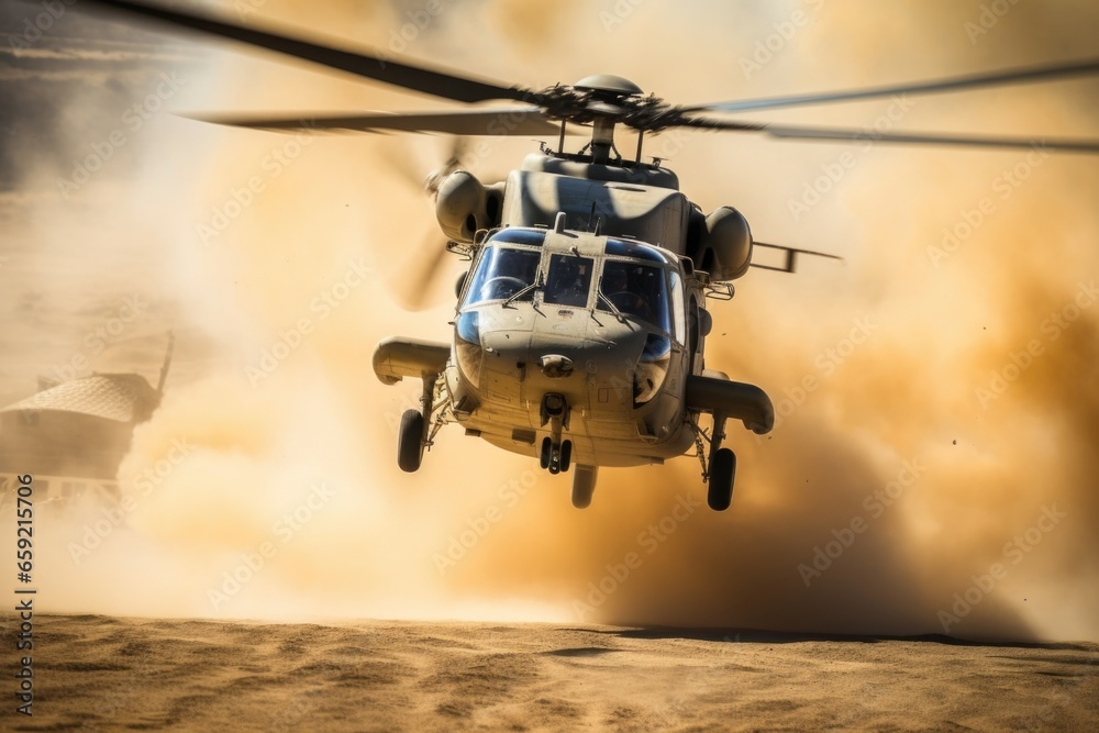 A helicopter taking off in a cloud of dust and debris, seen in closeup as it prepares for a mission. A helicopter taking off in a cloud of dust and debris, seen in closeup as it prepares for a mission.