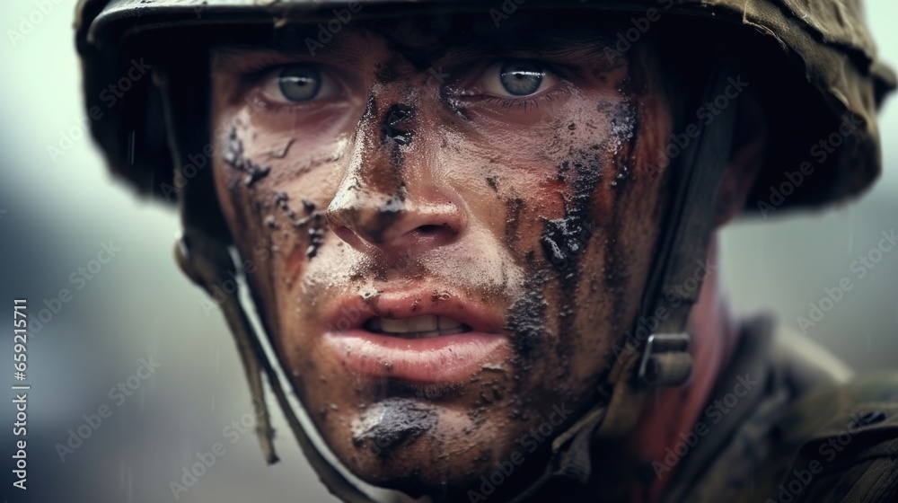 A young soldiers first battle, fear and determination etched onto his face. A young soldiers first battle, fear and determination etched onto his face.