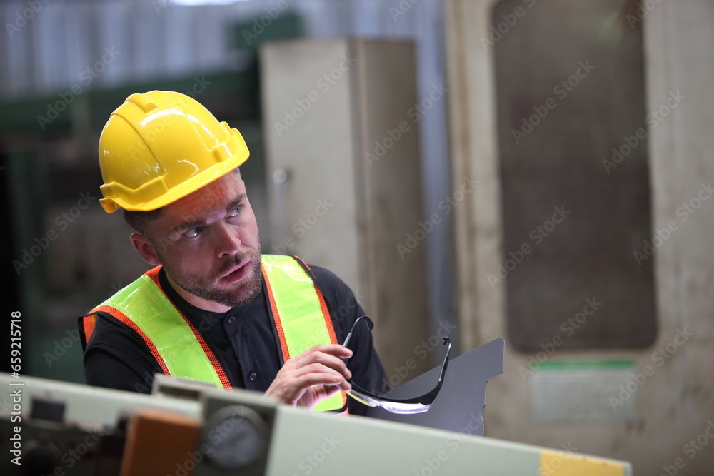 worker or engineer working in factory with safety uniform , safety hat and safety glasses , image is safety concept or happy workplace