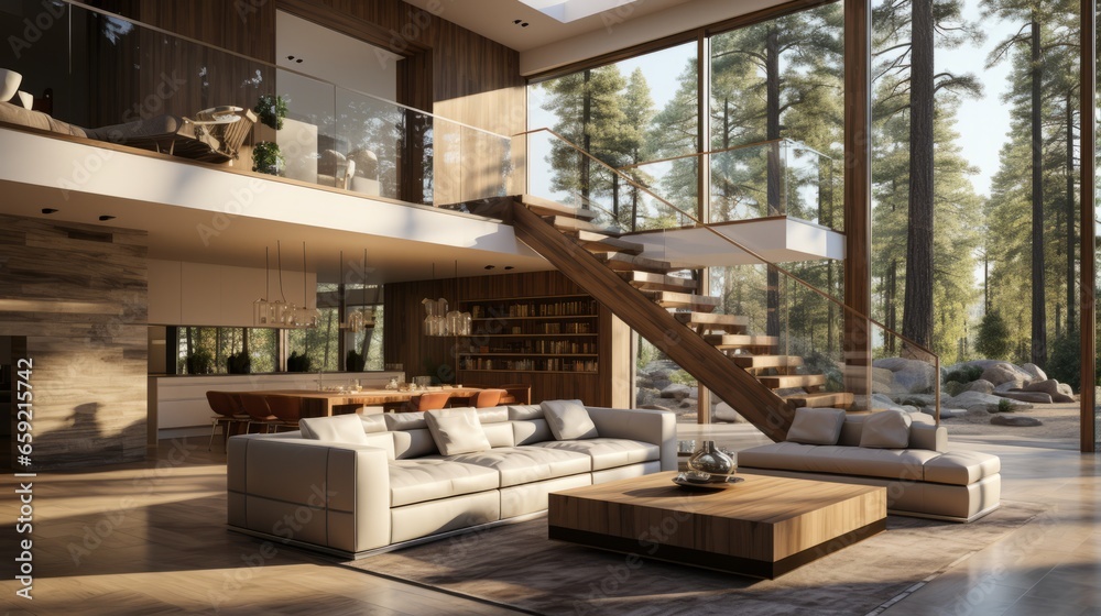 Two-story minimalist interior design of a modern house. Generative AI Two-story minimalist interior design of a modern house. Generative AI