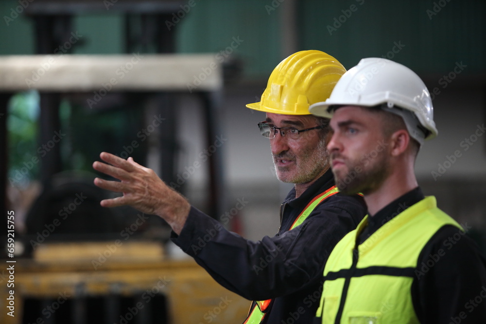 worker or engineer working in factory with safety uniform , safety hat and safety glasses , image is safety concept or happy workplace worker or engineer working in factory with safety uniform , safety hat and safety glasses , image is safety concept or happy workplace