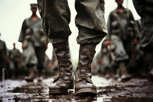 A soldiers trembling legs as he stands at attention, facing his fate on the front lines.