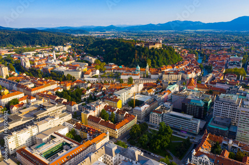 Panoramic aerial view of Ljubljana cityscape with buildings and streets, Slovenia