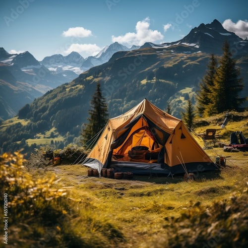 Camping tent in swiss alps mountain mountain hike