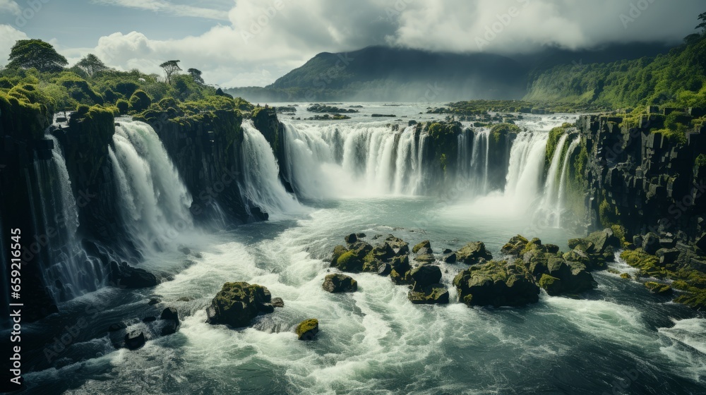 Waterfall surrounded by clouds. Generative AI