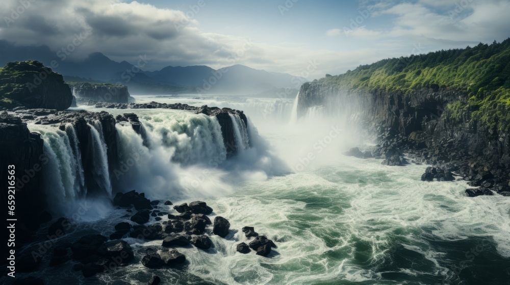 Fototapeta premium Waterfall surrounded by clouds. Generative AI