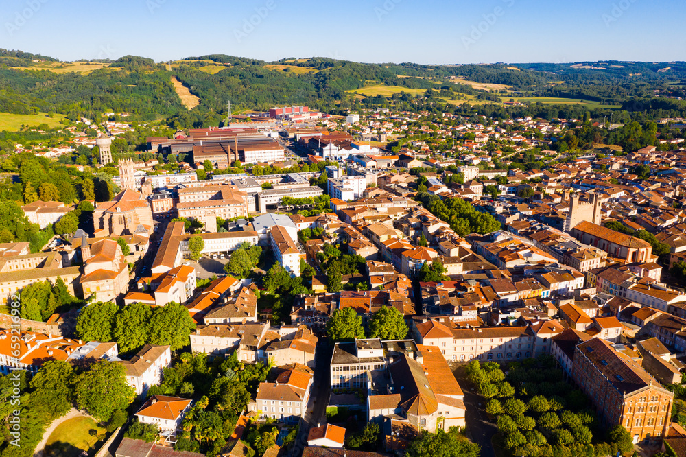 Panoramic aerial view of Pamiers cityscape with buildings, located on the river Ariege, France