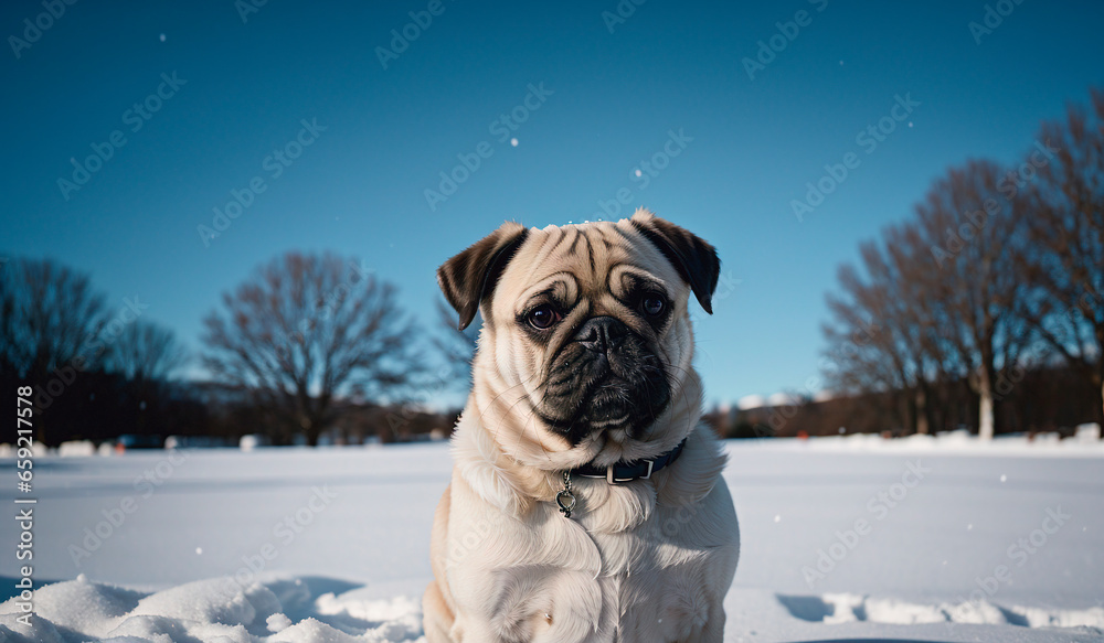 Pug dog in winter forest. Portrait of a purebred dog.
