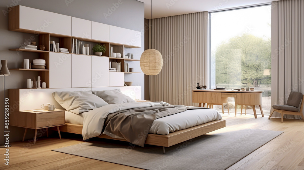 Large Scandinavian style double bedroom interior room design with dressertable matching side tables integrated bedstead woven carpet on hardwood laminate flooring large window overlooking forest - obrazy, fototapety, plakaty 