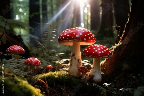 Enigmatic amanita muscaria. Red forest mushroom. Generate Ai
