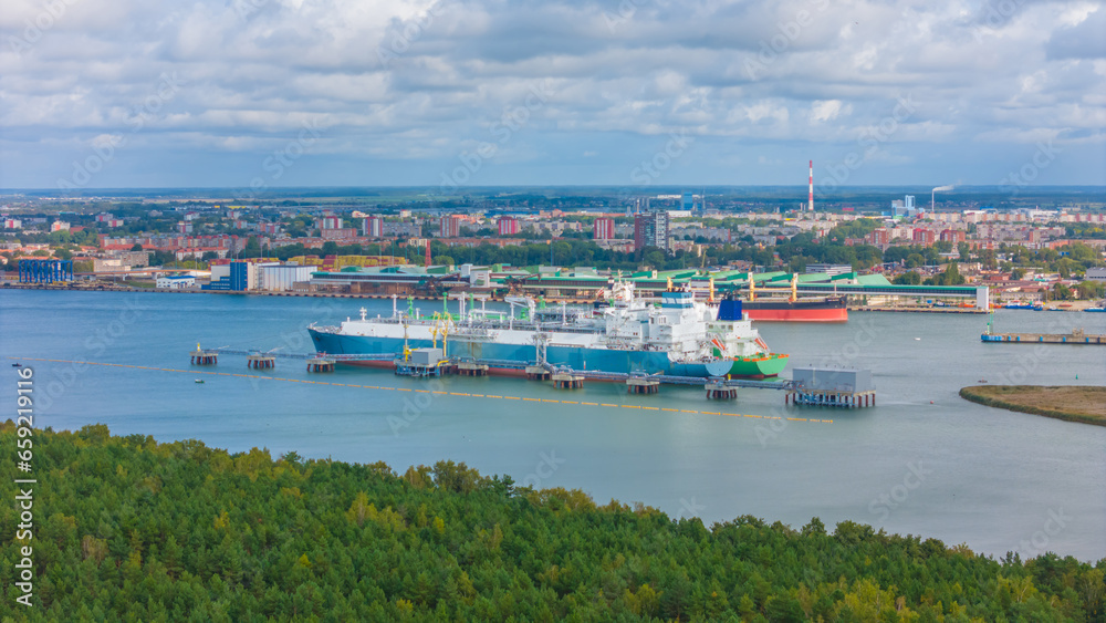 Aerial view of floating LNG storage and regasification unit. The liquefied-natural-gas (LNG) ship INDEPENDENCE - LNG import terminal in Lithuania.