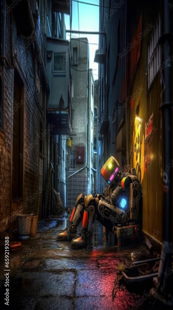 A sad broken down robot in a back alley in a futuristic cyberpunk city. Generative AI. 