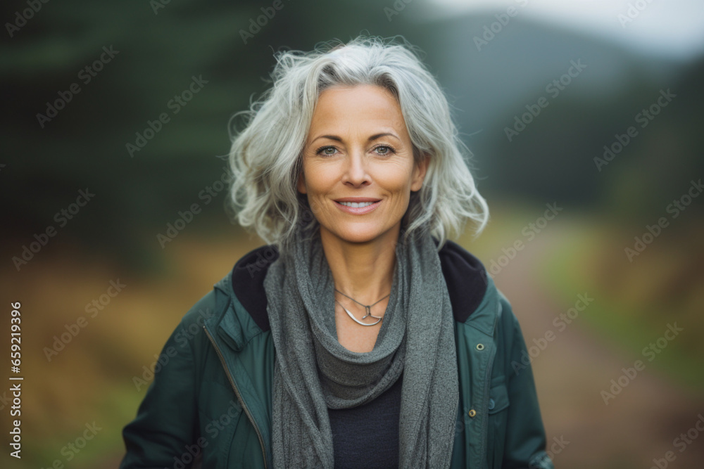 Beautiful mature woman with gray long hair smiling, walking in the countryside, portrait of a senior woman, beautiful eyes, wearing a dark parka and scarf, necklace, blurred country background Beautiful mature woman with gray long hair smiling, walking in the countryside, portrait of a senior woman, beautiful eyes, wearing a dark parka and scarf, necklace, blurred country background