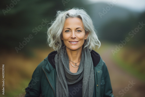 Beautiful mature woman with gray long hair smiling, walking in the countryside, portrait of a senior woman, beautiful eyes, wearing a dark parka and scarf, necklace, blurred country background photo