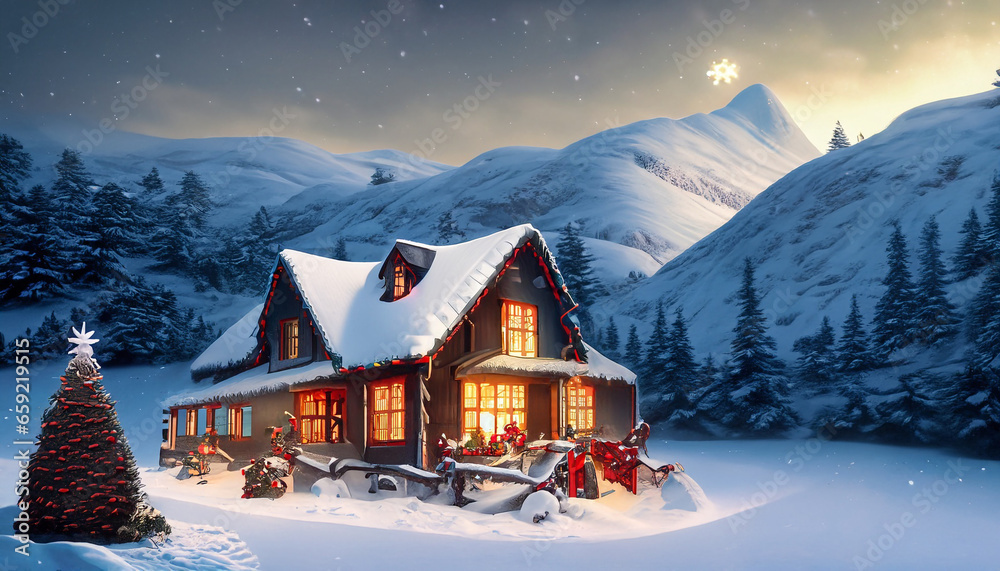 Christmas house in the snowy mountains.