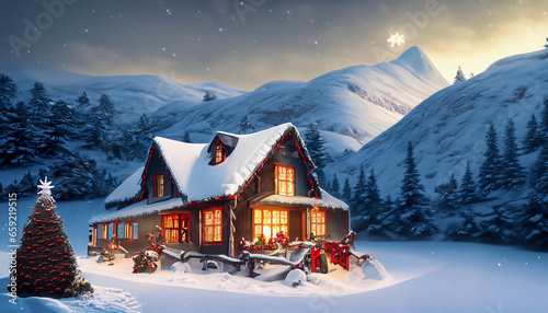 Christmas house in the snowy mountains.