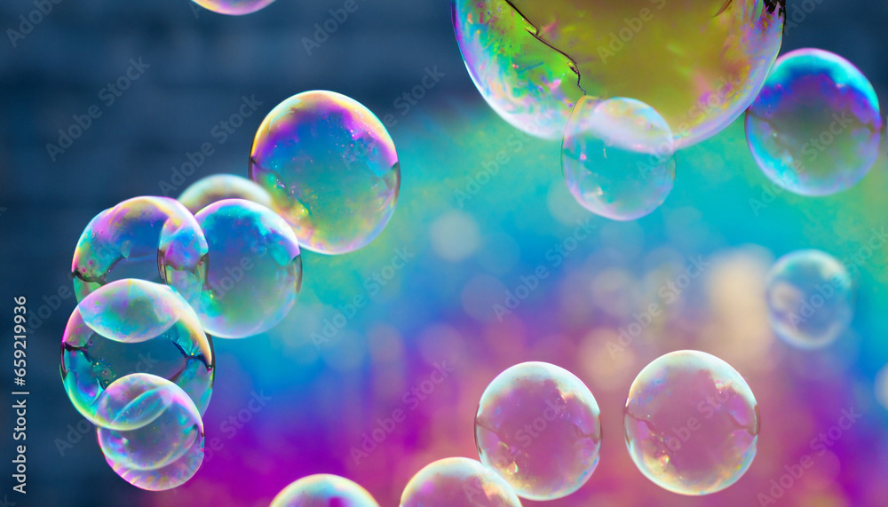 Beautiful rainbow soap bubbles float as background.
